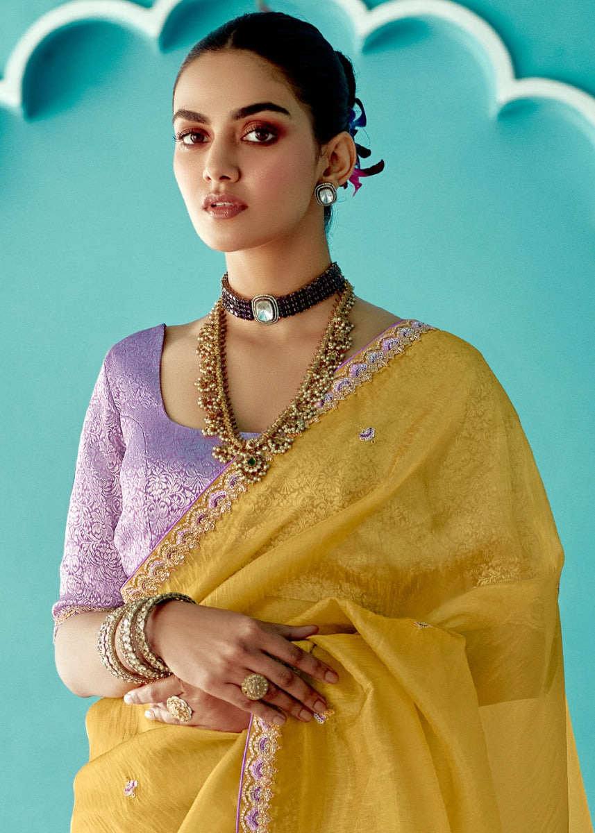 Dandelion Yellow Tissue Silk Saree with Exquisite Embroidery - House of Sarvati LLC