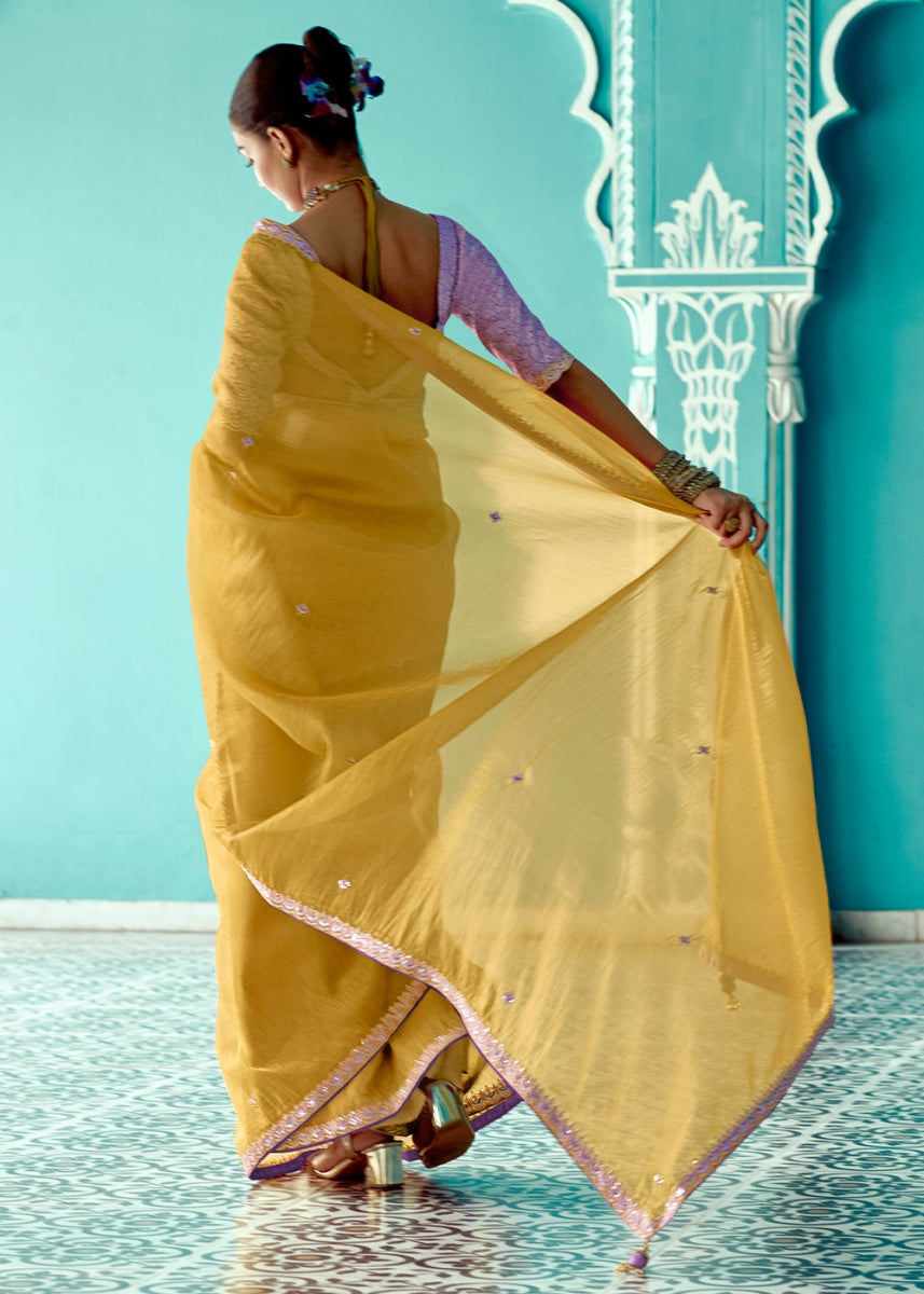 Dandelion Yellow Tissue Silk Saree with Exquisite Embroidery - House of Sarvati LLC