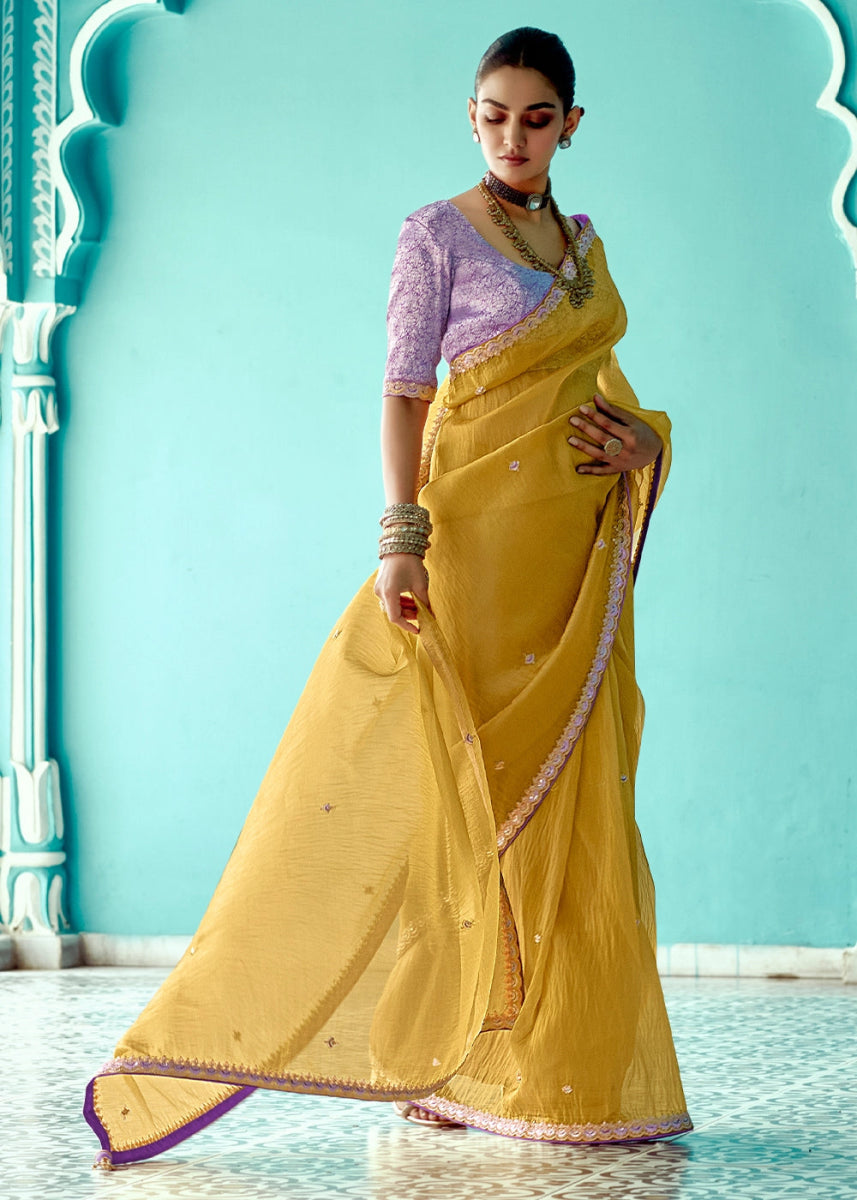 Dandelion Yellow Tissue Silk Saree with Exquisite Embroidery - House of Sarvati LLC