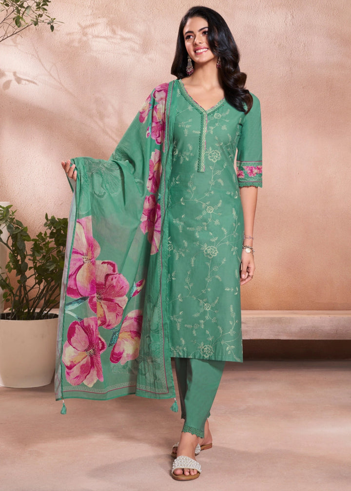 Dark Cyan Green Cotton Suit with Beautiful Floral Threadwork - House of Sarvati LLC