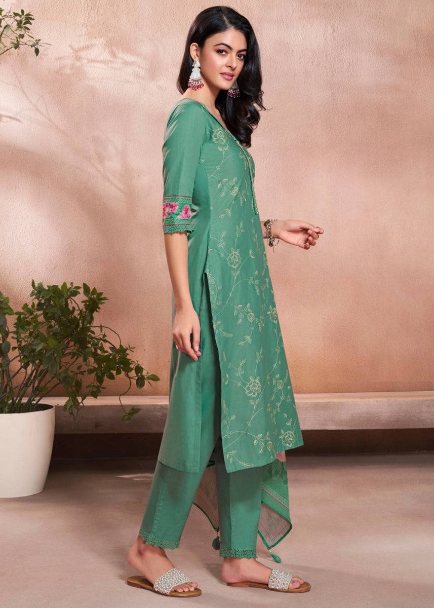 Dark Cyan Green Cotton Suit with Beautiful Floral Threadwork - House of Sarvati LLC