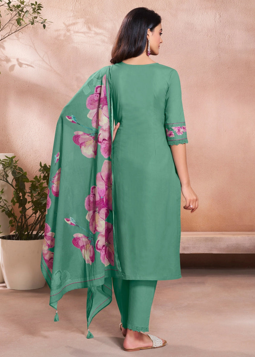Dark Cyan Green Cotton Suit with Beautiful Floral Threadwork - House of Sarvati LLC