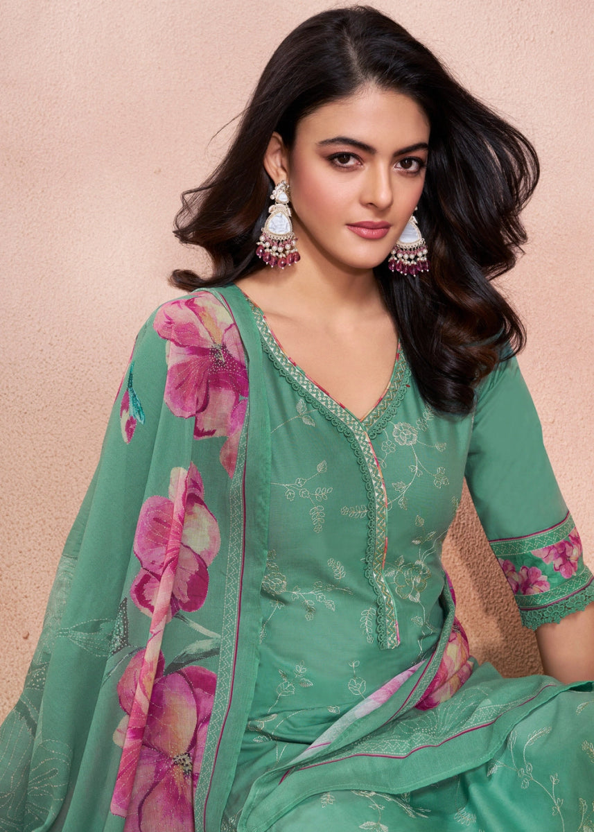 Dark Cyan Green Cotton Suit with Beautiful Floral Threadwork - House of Sarvati LLC