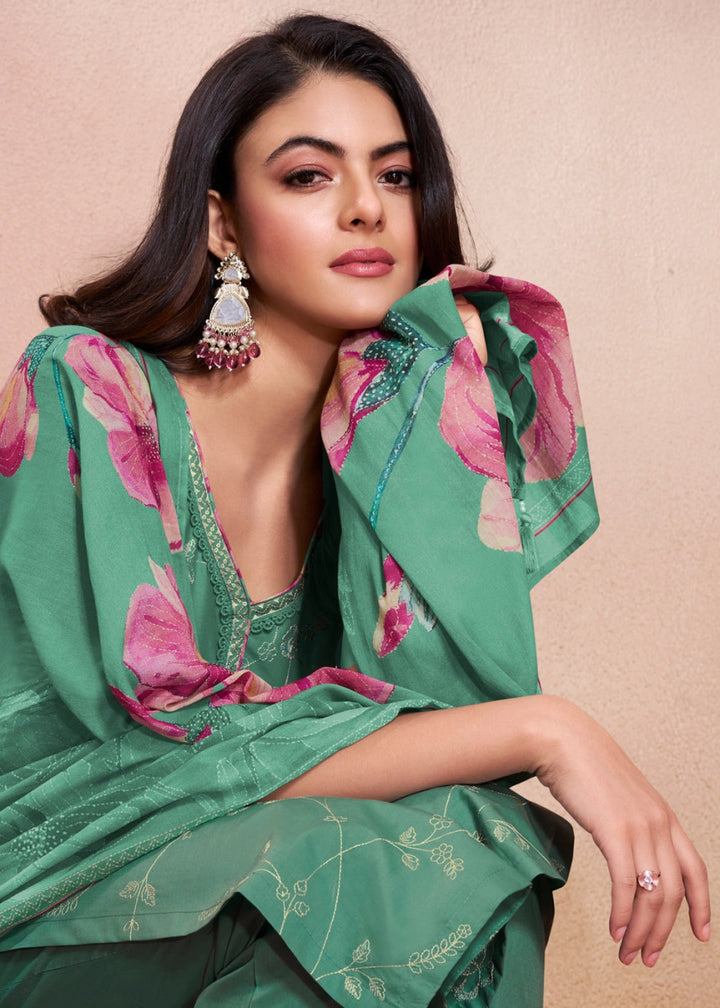 Dark Cyan Green Cotton Suit with Beautiful Floral Threadwork - House of Sarvati LLC