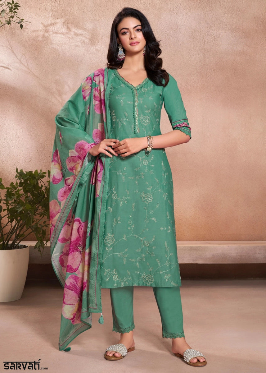Dark Cyan Green Cotton Suit with Beautiful Floral Threadwork - House of Sarvati LLC