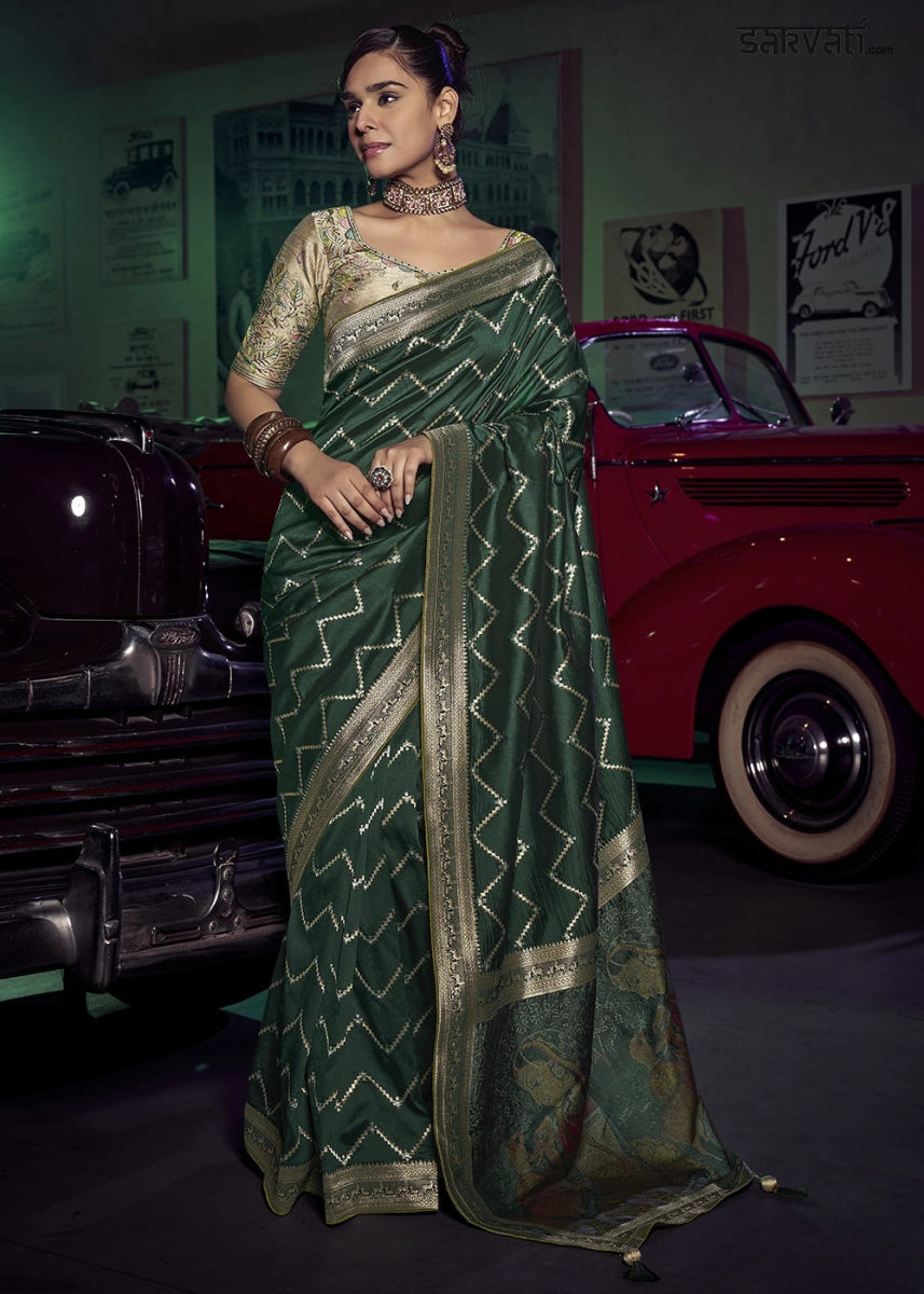 Dark Green Banarasi Silk Saree with Opulent Zari Work & Embellished Blouse - House of Sarvati LLC