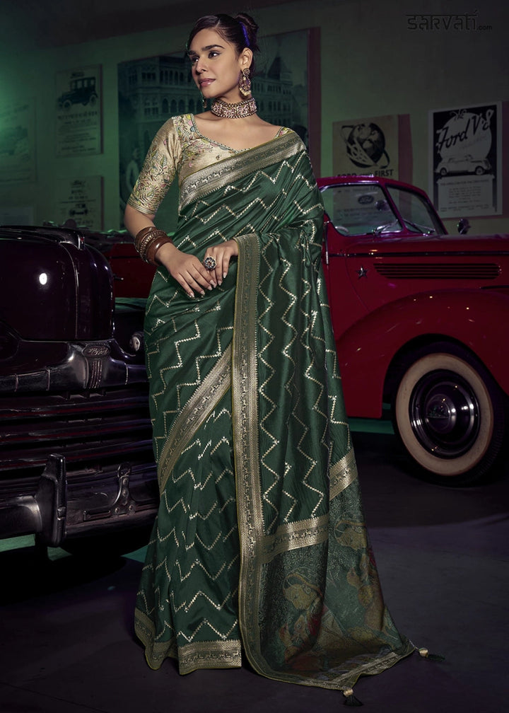 Dark Green Banarasi Silk Saree with Opulent Zari Work & Embellished Blouse - House of Sarvati LLC