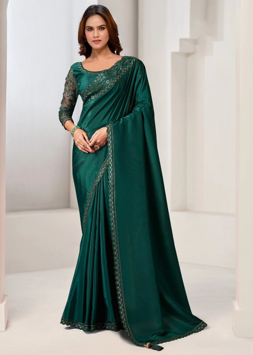 Dark Green Crepe Saree with Exquisite Embroidery & Stone Detailing - House of Sarvati LLC