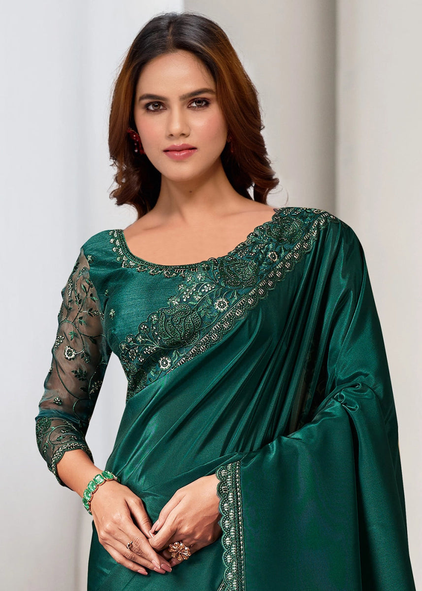 Dark Green Crepe Saree with Exquisite Embroidery & Stone Detailing - House of Sarvati LLC