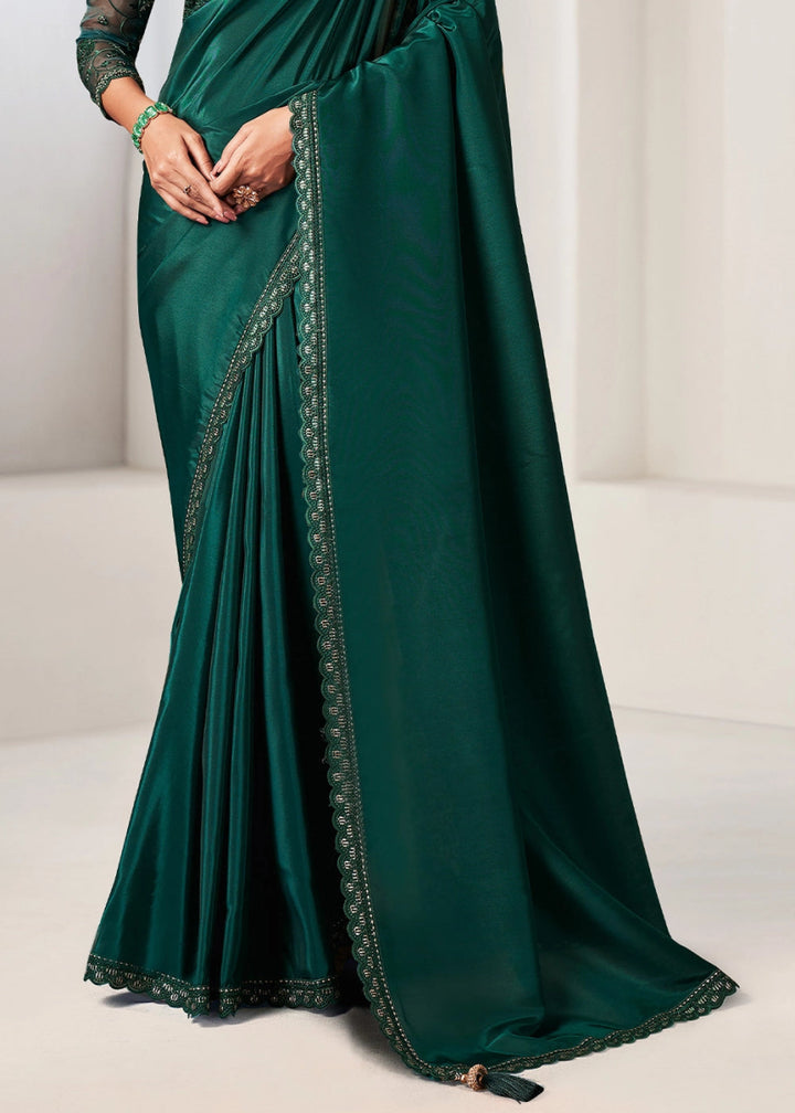 Dark Green Crepe Saree with Exquisite Embroidery & Stone Detailing - House of Sarvati LLC