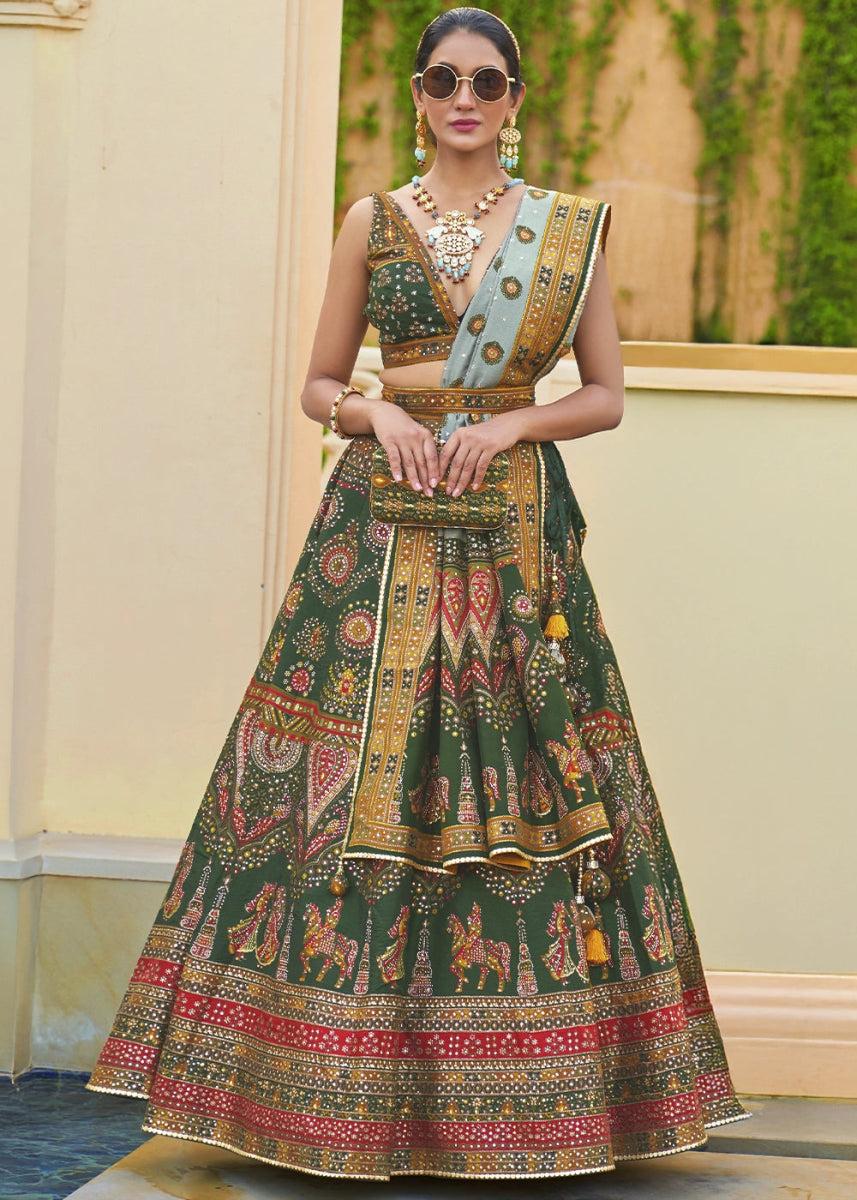Dark Green Embellished Rajwadi Silk Lehenga Choli with Aari Mirror Work - House of Sarvati LLC