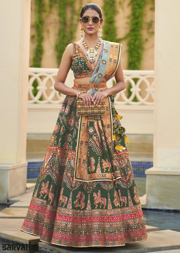 Dark Green Embellished Rajwadi Silk Lehenga Choli with Aari Mirror Work - House of Sarvati LLC