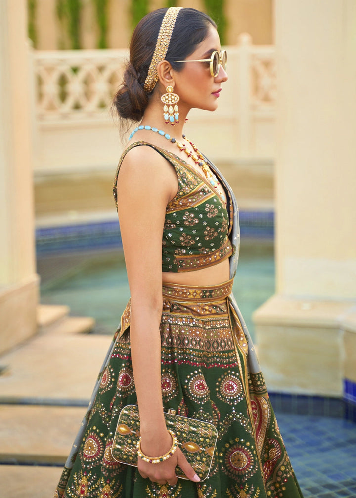 Dark Green Embellished Rajwadi Silk Lehenga Choli with Aari Mirror Work - House of Sarvati LLC