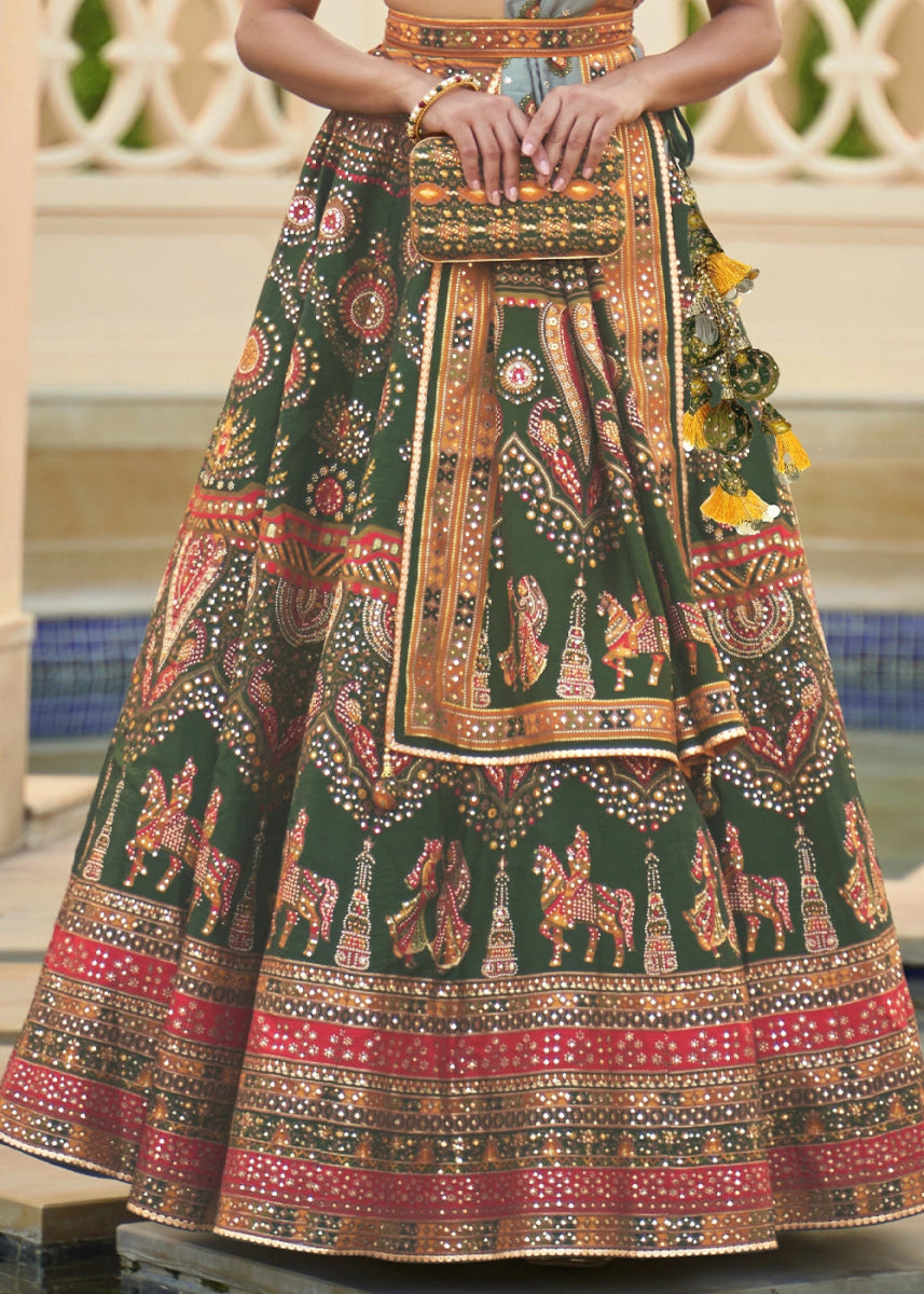 Dark Green Embellished Rajwadi Silk Lehenga Choli with Aari Mirror Work - House of Sarvati LLC