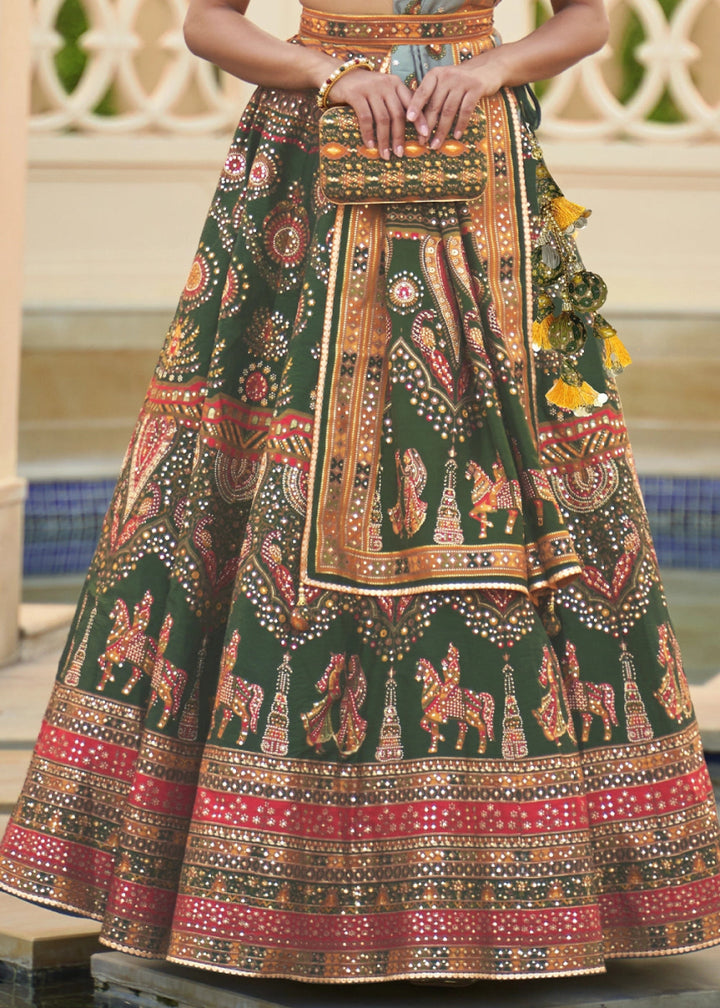Dark Green Embellished Rajwadi Silk Lehenga Choli with Aari Mirror Work - House of Sarvati LLC