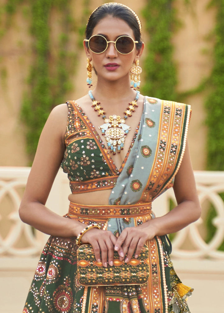 Dark Green Embellished Rajwadi Silk Lehenga Choli with Aari Mirror Work - House of Sarvati LLC