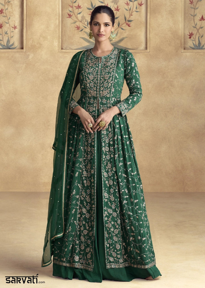 Dark Green Floral Embroidered Skirt Suit with Slit in Luxe Chinon Silk - House of Sarvati LLC