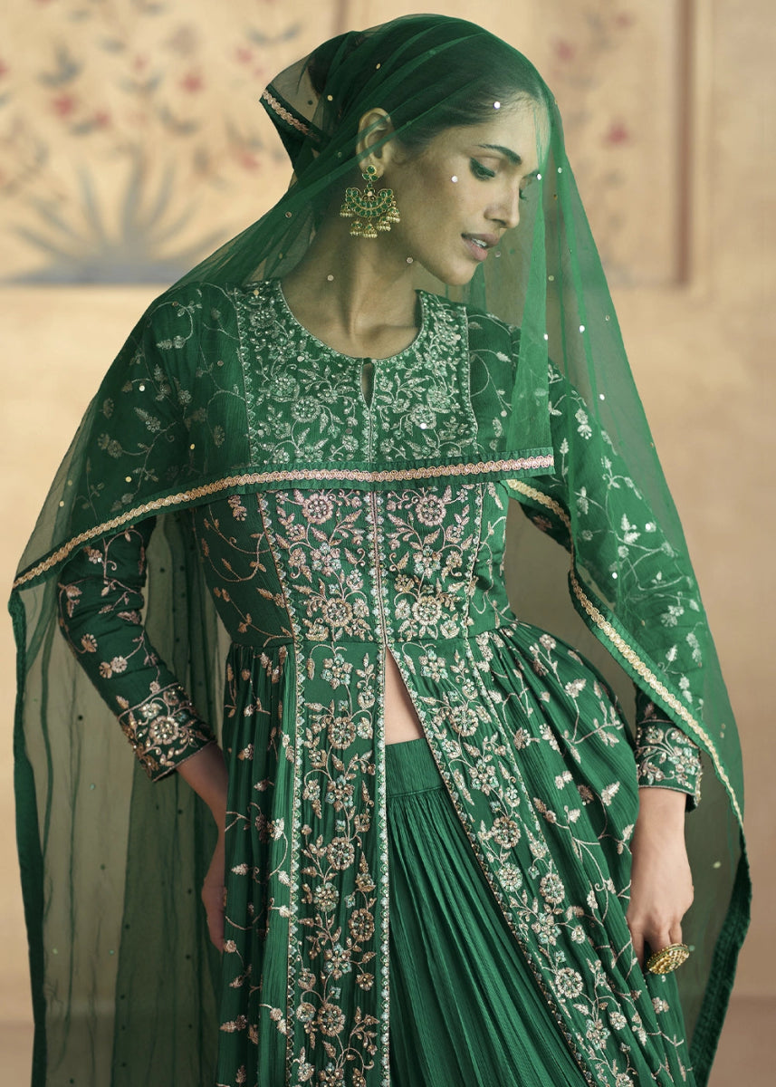 Dark Green Floral Embroidered Skirt Suit with Slit in Luxe Chinon Silk - House of Sarvati LLC