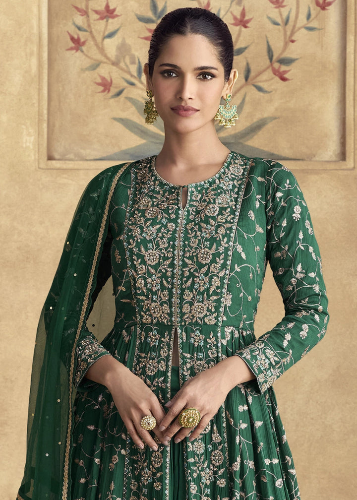 Dark Green Floral Embroidered Skirt Suit with Slit in Luxe Chinon Silk - House of Sarvati LLC