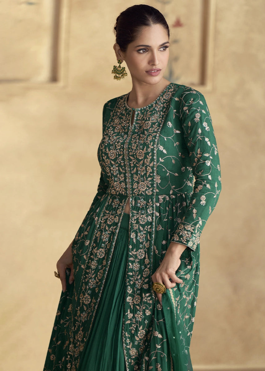 Dark Green Floral Embroidered Skirt Suit with Slit in Luxe Chinon Silk - House of Sarvati LLC