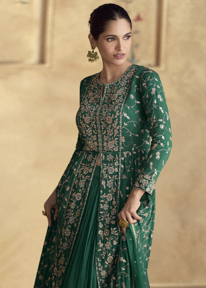 Dark Green Floral Embroidered Skirt Suit with Slit in Luxe Chinon Silk - House of Sarvati LLC