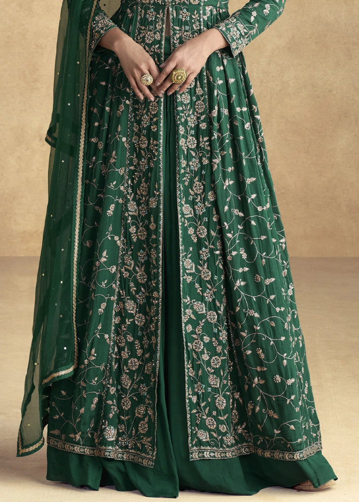 Dark Green Floral Embroidered Skirt Suit with Slit in Luxe Chinon Silk - House of Sarvati LLC