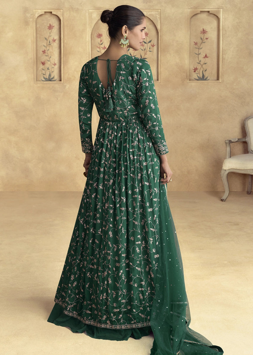 Dark Green Floral Embroidered Skirt Suit with Slit in Luxe Chinon Silk - House of Sarvati LLC