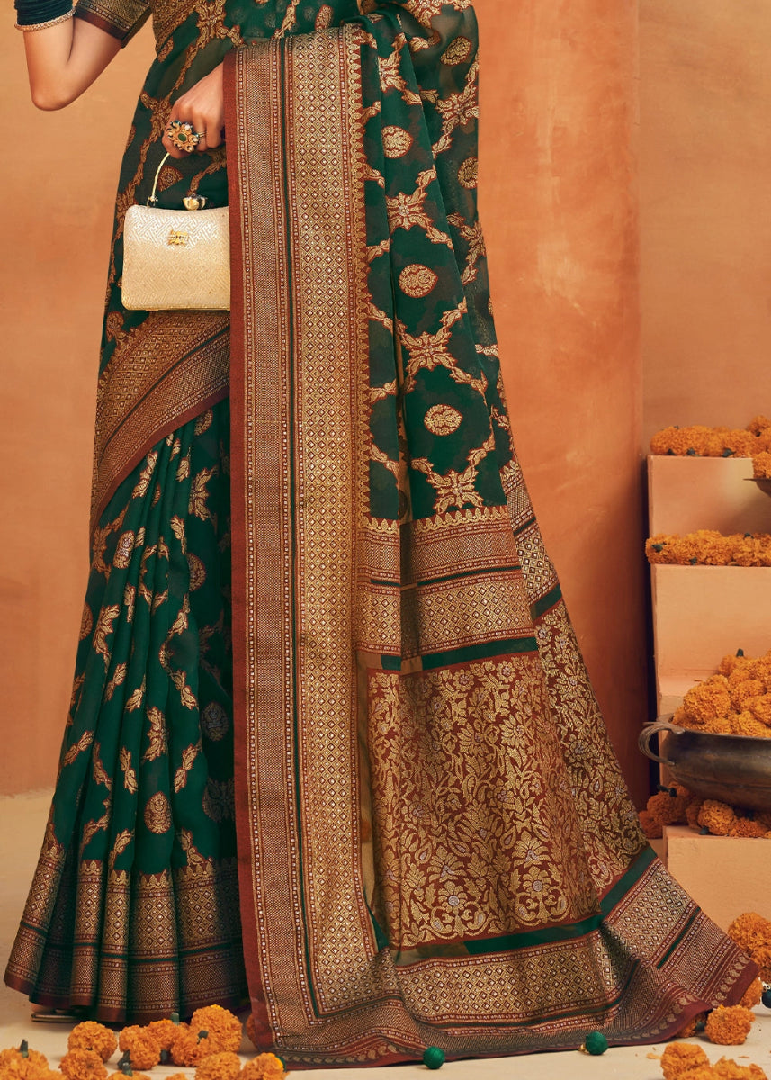 Dark Green Handwoven Zari Georgette Silk Saree - House of Sarvati LLC
