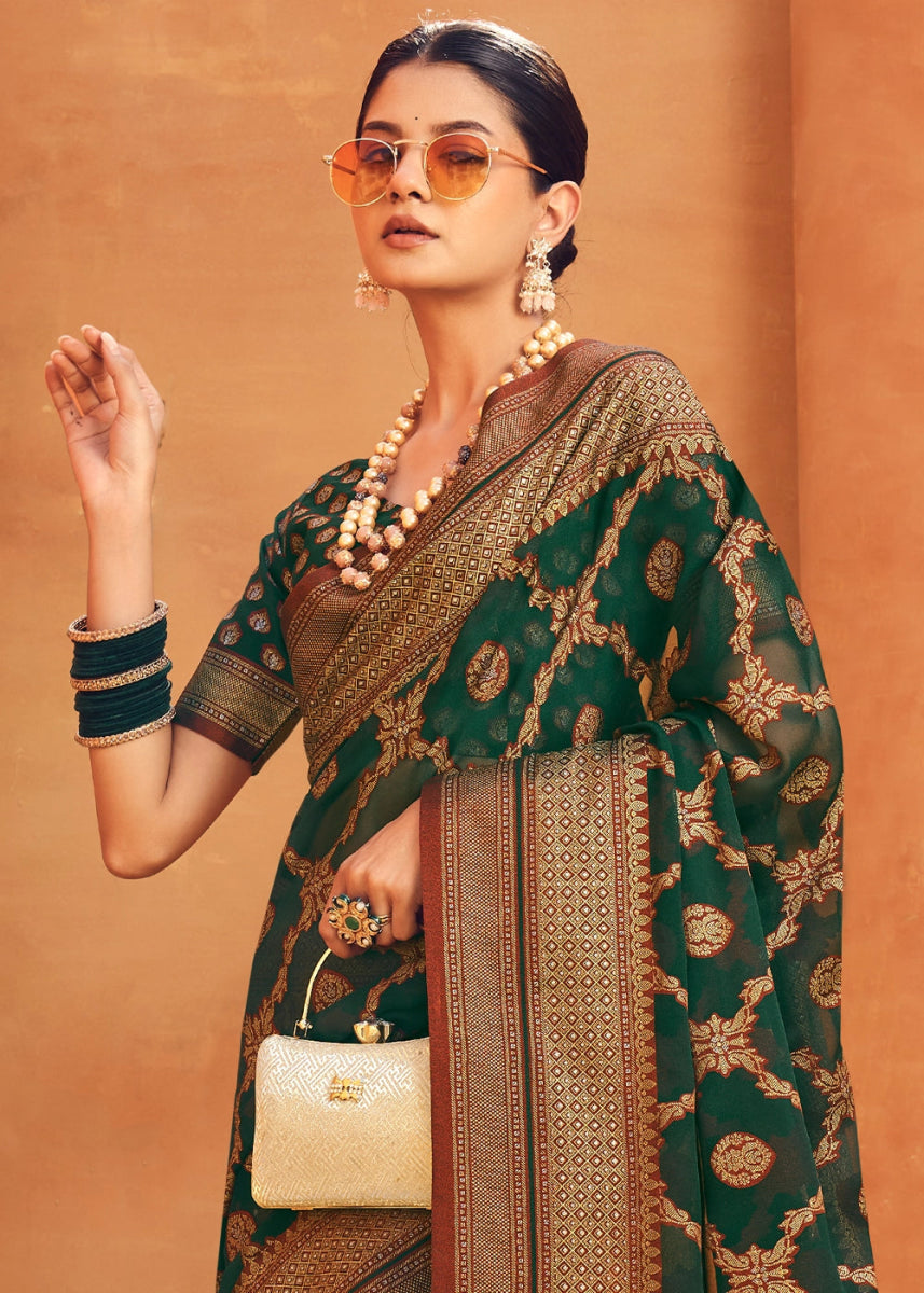 Dark Green Handwoven Zari Georgette Silk Saree - House of Sarvati LLC