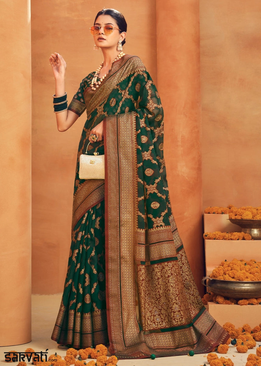 Dark Green Handwoven Zari Georgette Silk Saree - House of Sarvati LLC