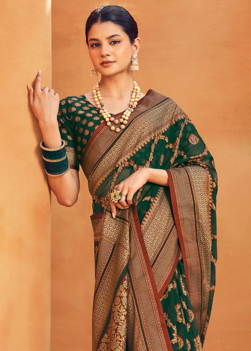 Dark Green Handwoven Zari Georgette Silk Saree - House of Sarvati LLC