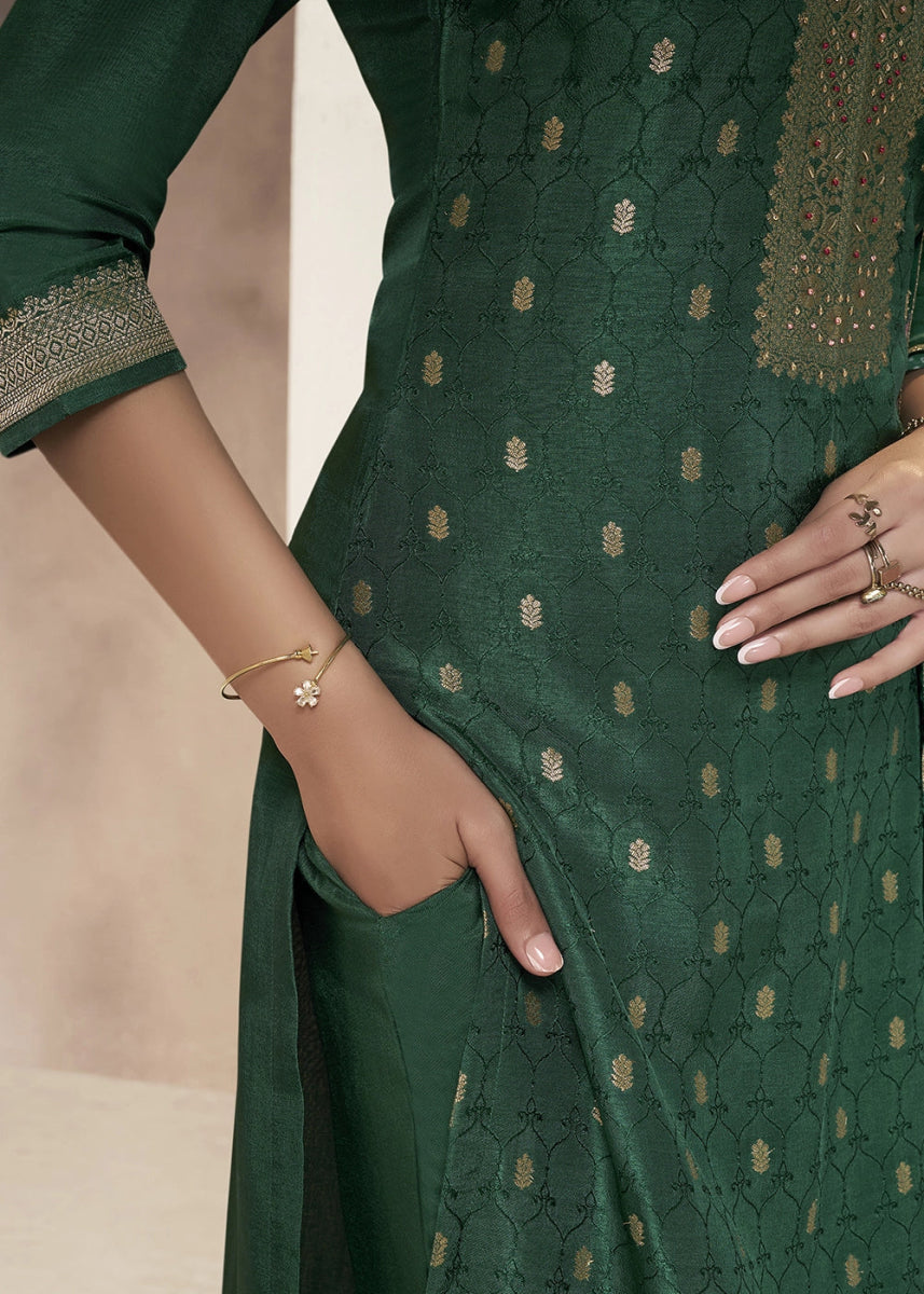 Dark Green Jacquard Dola Silk Suit with Sequin Detailing - House of Sarvati LLC