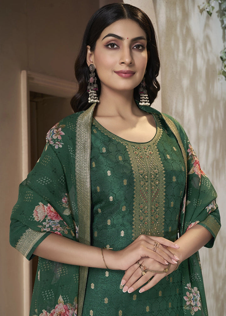 Dark Green Jacquard Dola Silk Suit with Sequin Detailing - House of Sarvati LLC