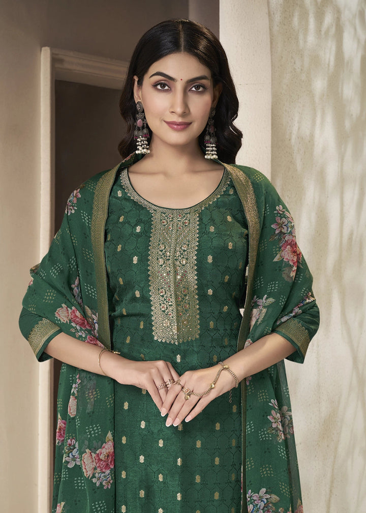 Dark Green Jacquard Dola Silk Suit with Sequin Detailing - House of Sarvati LLC
