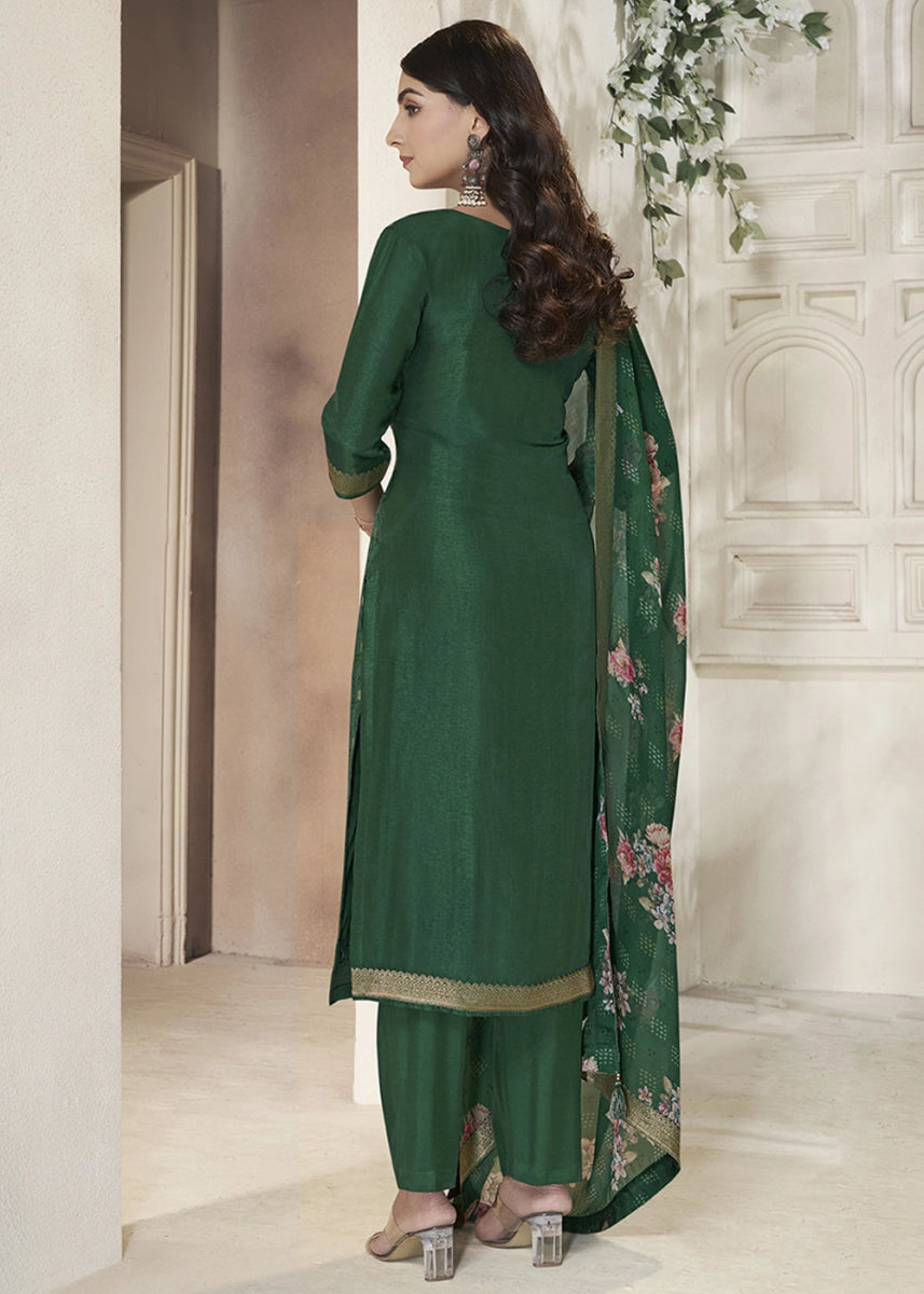 Dark Green Jacquard Dola Silk Suit with Sequin Detailing - House of Sarvati LLC