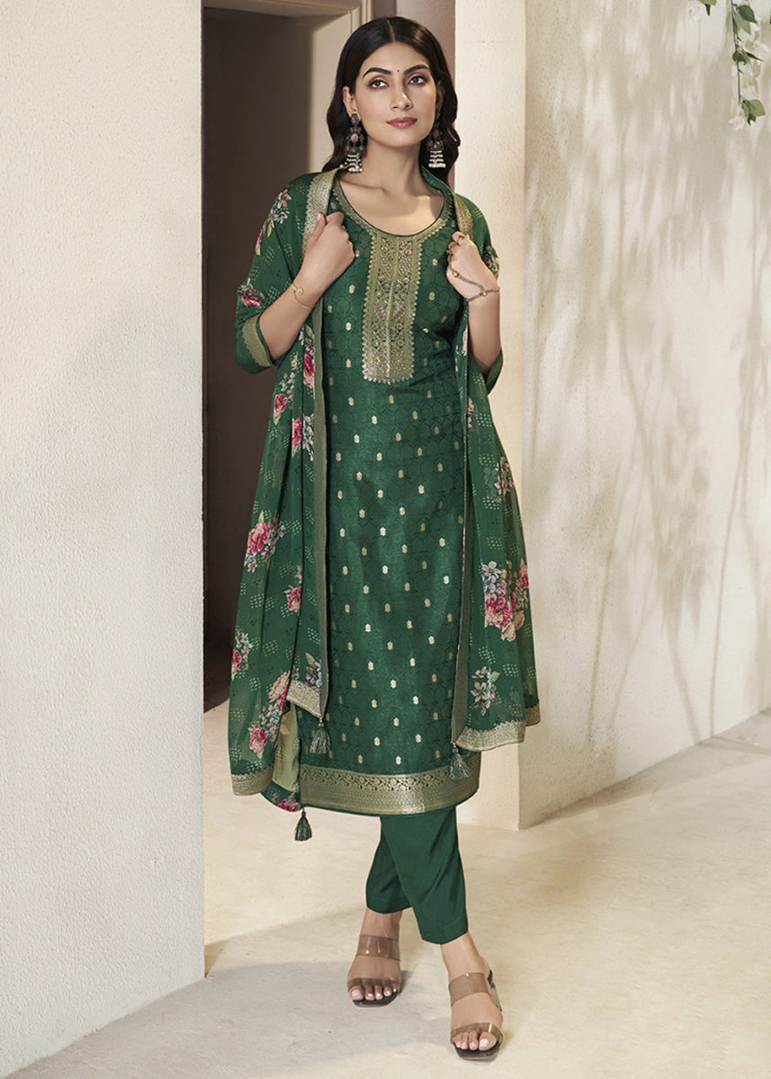 Dark Green Jacquard Dola Silk Suit with Sequin Detailing - House of Sarvati LLC