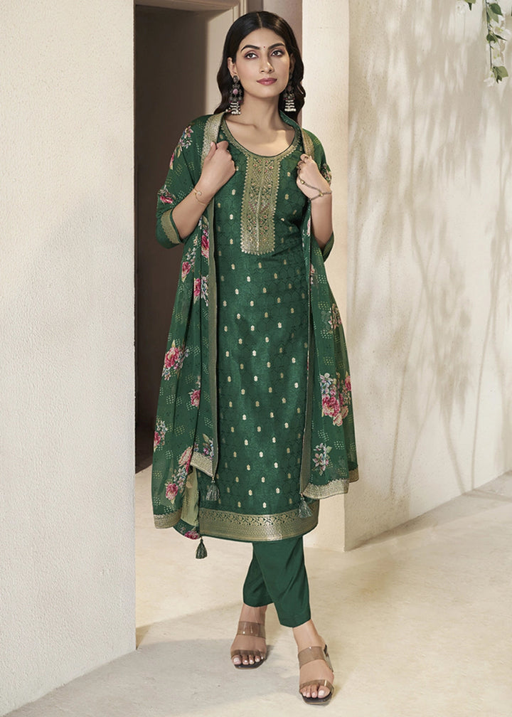 Dark Green Jacquard Dola Silk Suit with Sequin Detailing - House of Sarvati LLC