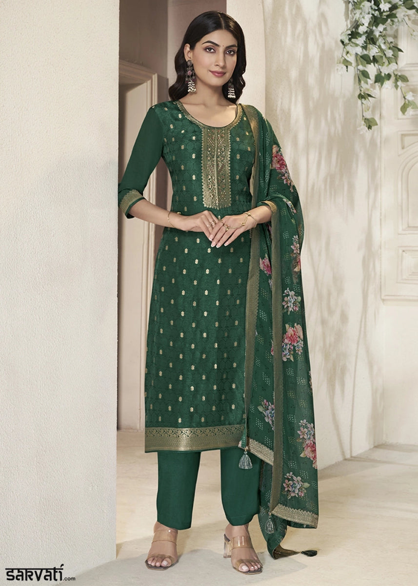 Dark Green Jacquard Dola Silk Suit with Sequin Detailing - House of Sarvati LLC