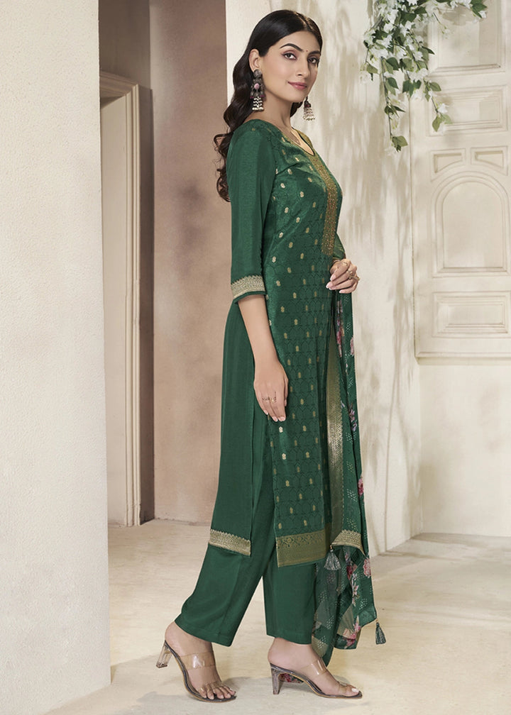 Dark Green Jacquard Dola Silk Suit with Sequin Detailing - House of Sarvati LLC