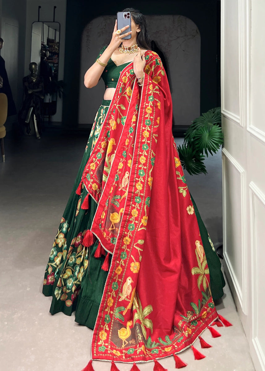 Dark Green Lehenga Choli in Tussar Silk with Blooming Floral Patterns - House of Sarvati LLC