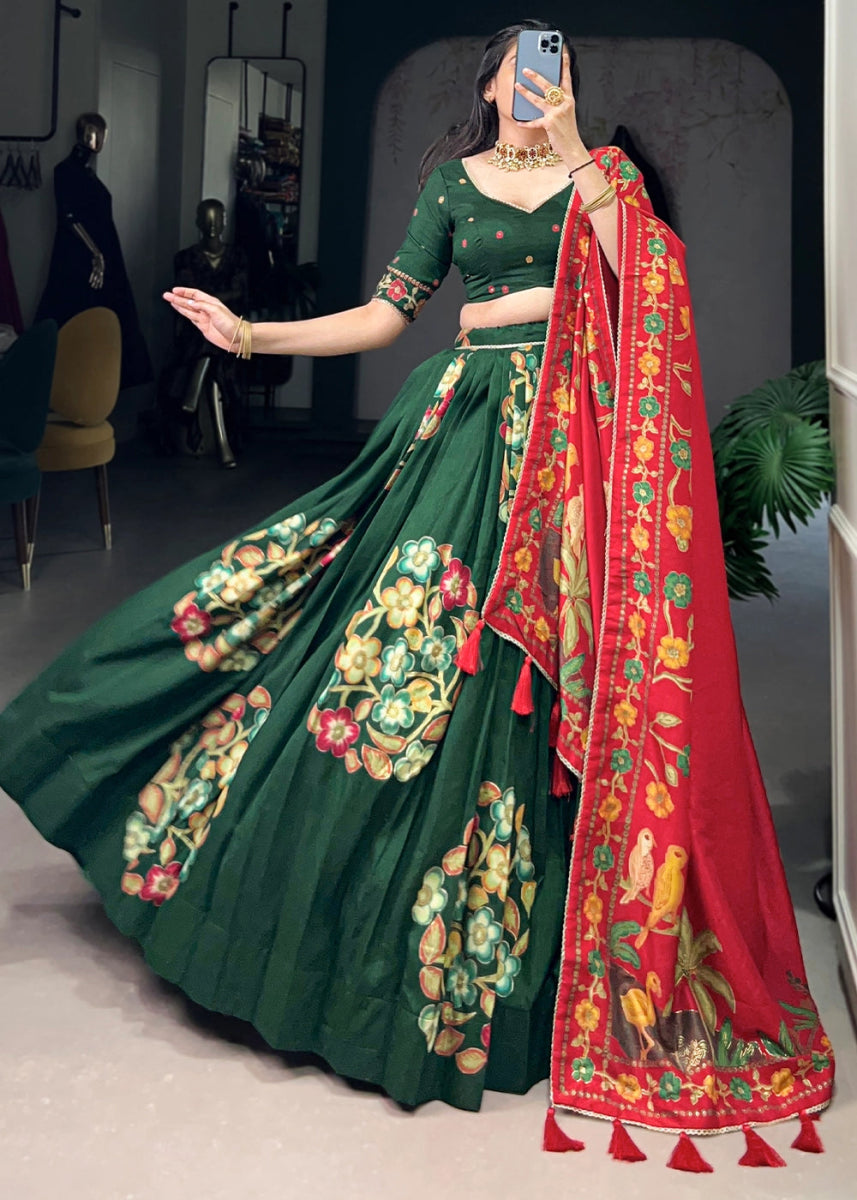 Dark Green Lehenga Choli in Tussar Silk with Blooming Floral Patterns - House of Sarvati LLC