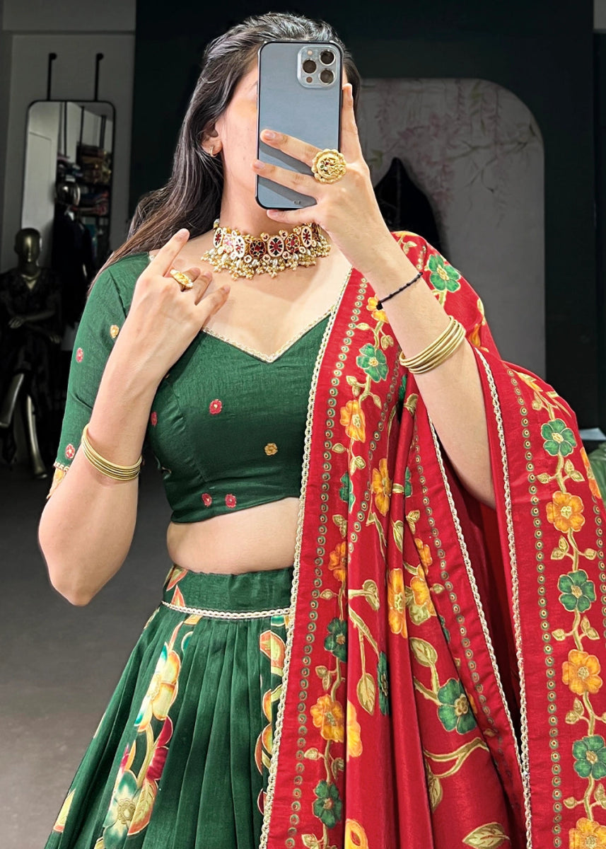 Dark Green Lehenga Choli in Tussar Silk with Blooming Floral Patterns - House of Sarvati LLC