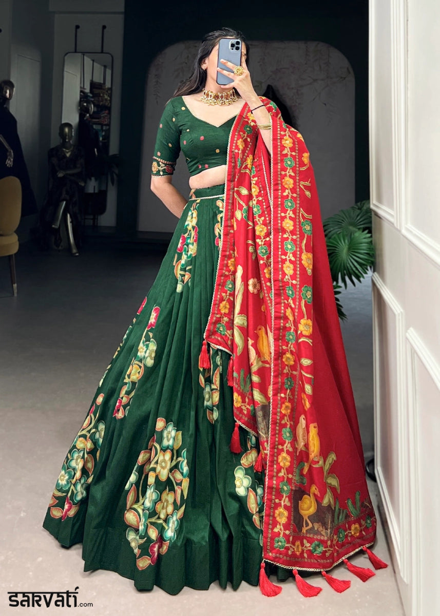 Dark Green Lehenga Choli in Tussar Silk with Blooming Floral Patterns - House of Sarvati LLC