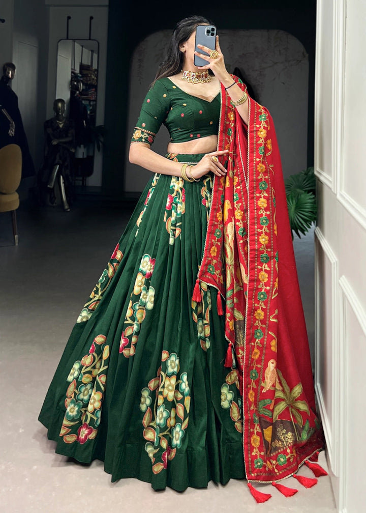 Dark Green Lehenga Choli in Tussar Silk with Blooming Floral Patterns - House of Sarvati LLC