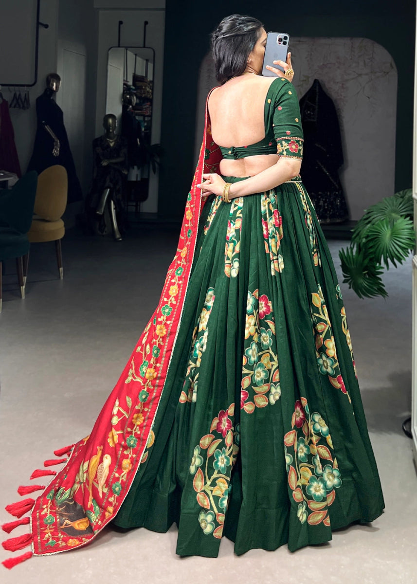 Dark Green Lehenga Choli in Tussar Silk with Blooming Floral Patterns - House of Sarvati LLC