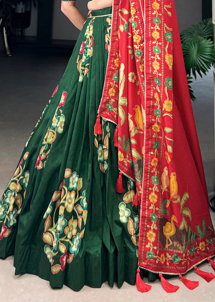 Dark Green Lehenga Choli in Tussar Silk with Blooming Floral Patterns - House of Sarvati LLC
