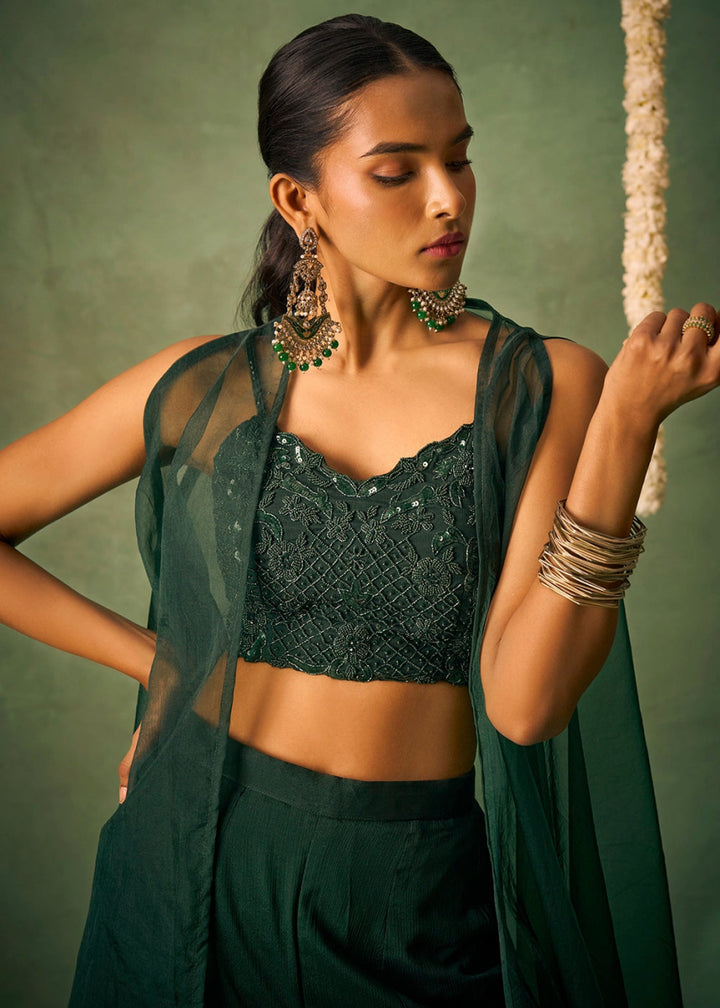 Dark Green Palazzo Set with Sheer Organza Cape & Embroidery - House of Sarvati LLC