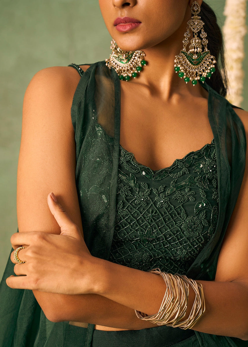 Dark Green Palazzo Set with Sheer Organza Cape & Embroidery - House of Sarvati LLC