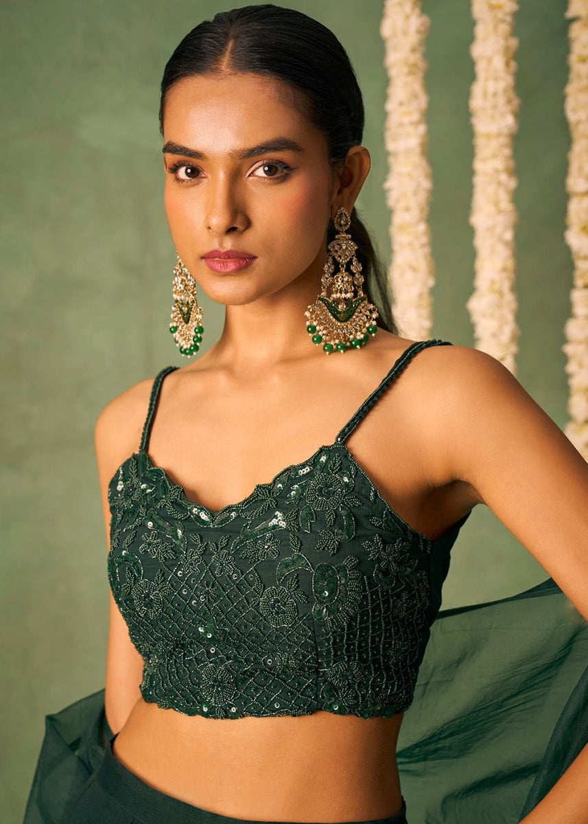 Dark Green Palazzo Set with Sheer Organza Cape & Embroidery - House of Sarvati LLC