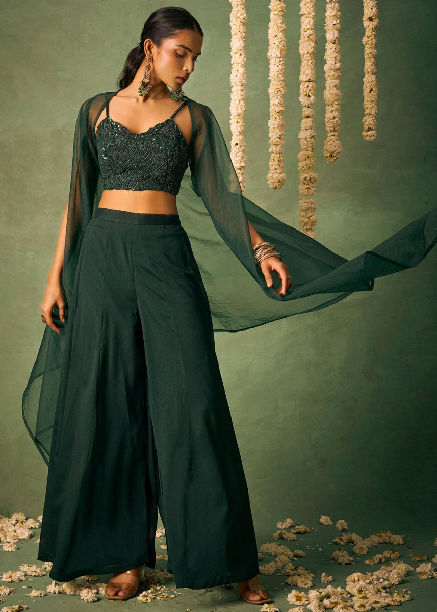 Dark Green Palazzo Set with Sheer Organza Cape & Embroidery - House of Sarvati LLC